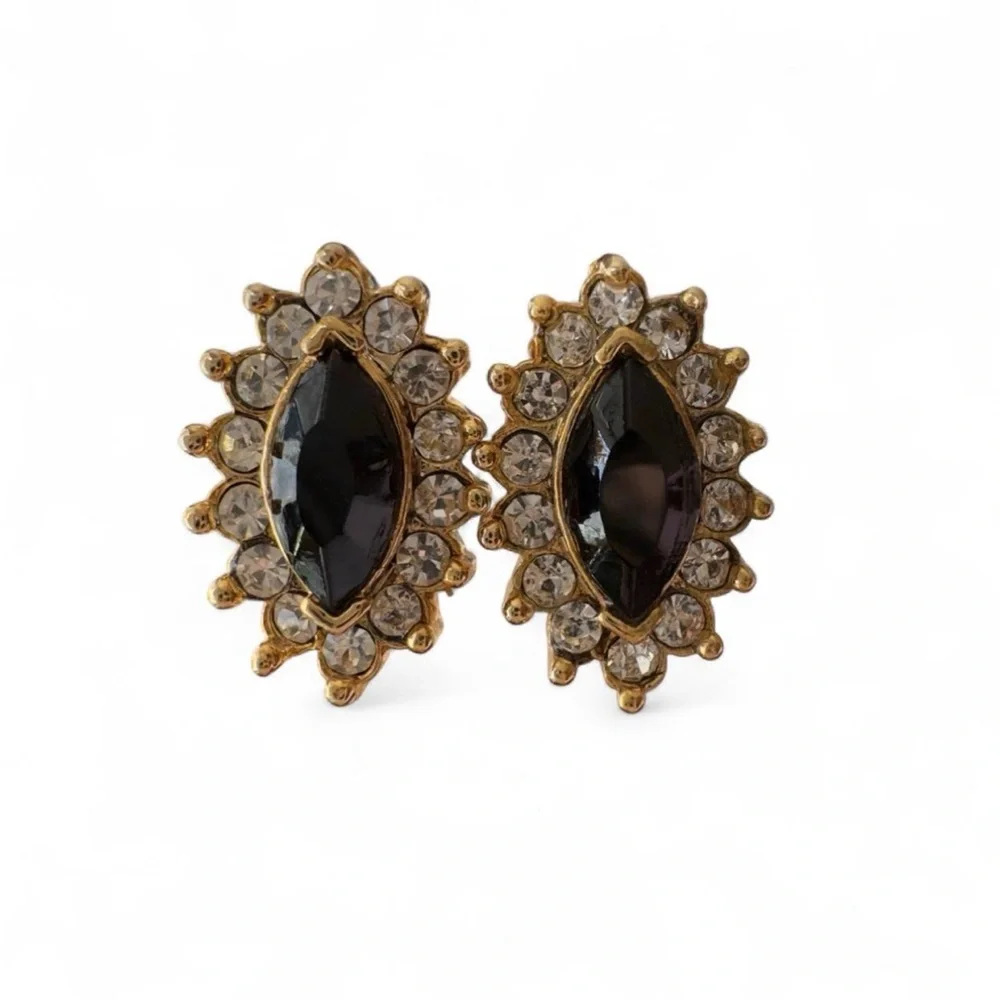 Vintage Marquise Black Onyx Crystal Halo Earrings